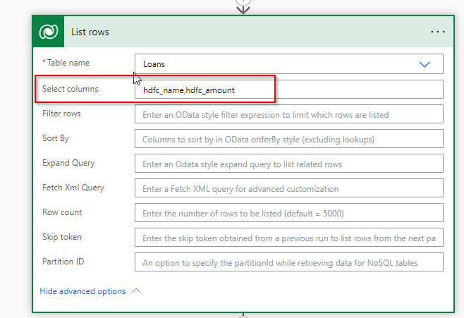 Selected Limited Columns In List Rows Action Of Dataverse Connector Using Power Automate